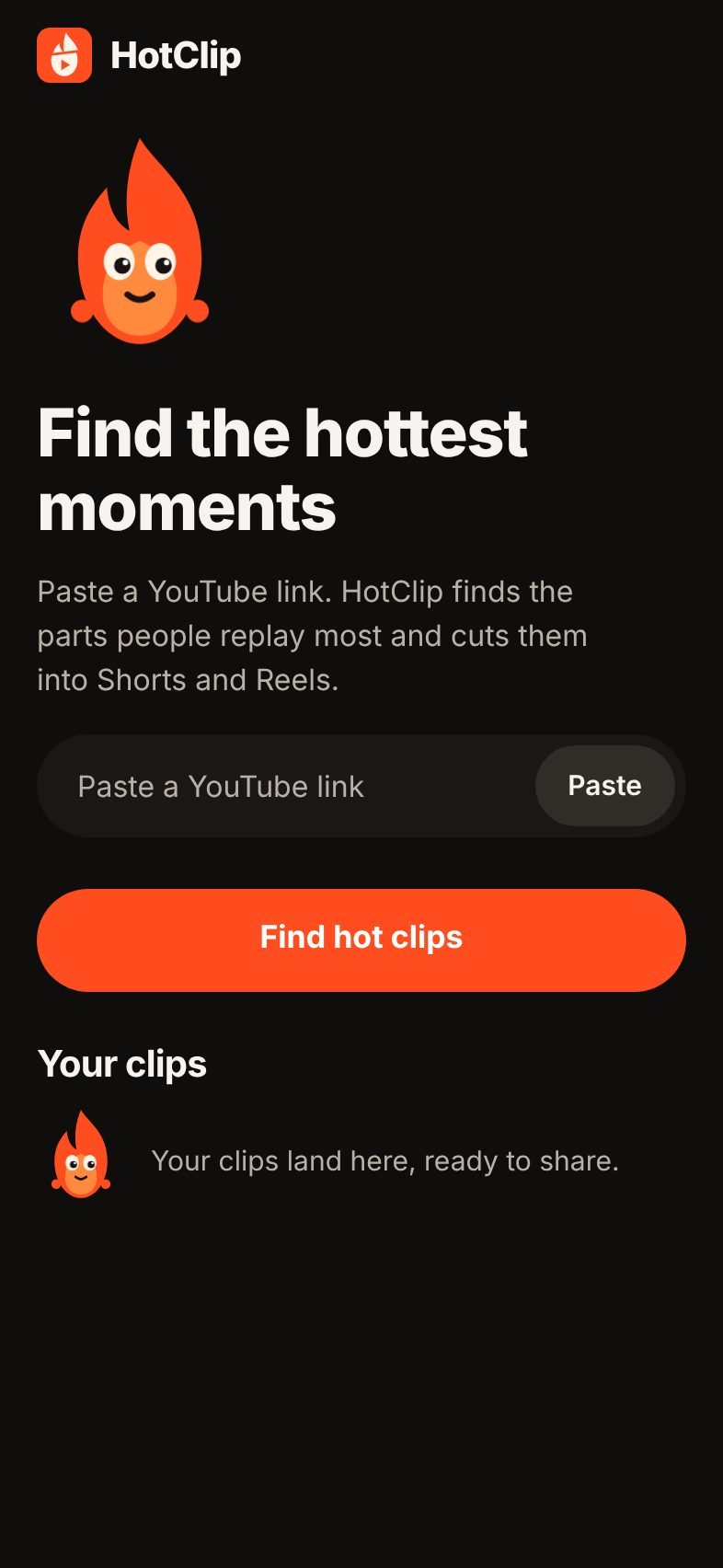 HotClip home screen with a pasted YouTube link